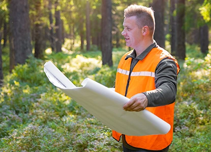 a local government worker in an orange vest holding a paper in the woods