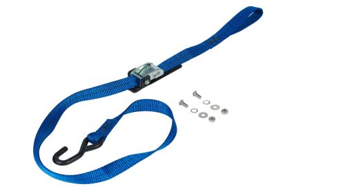 a blue strap with a hook and screws