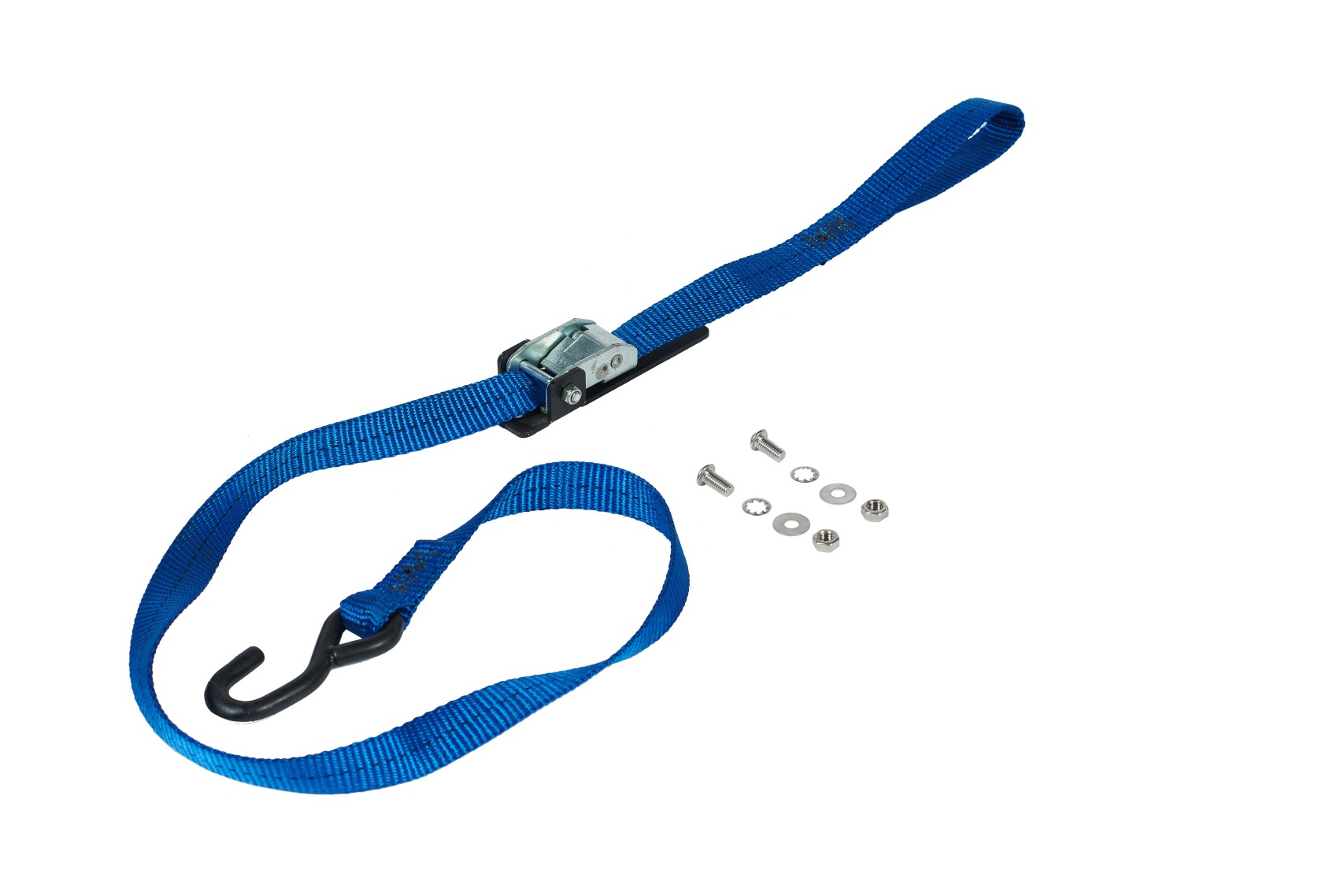 a blue strap with a hook and screws